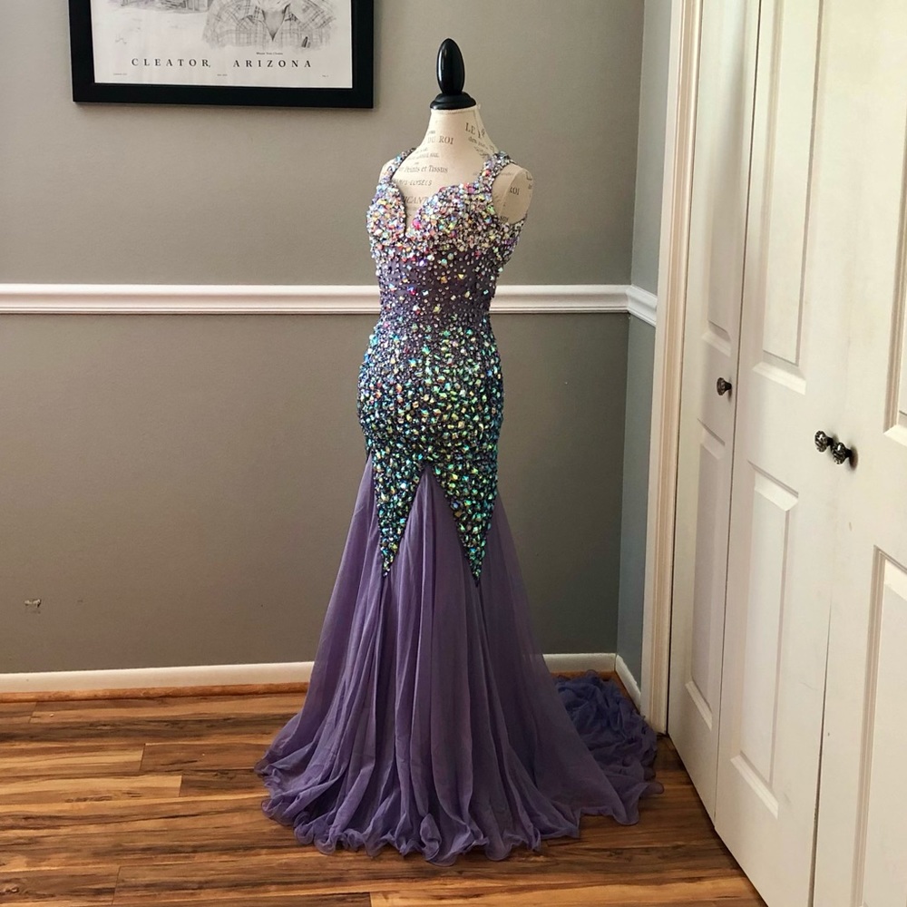 NEW JASZ COUTURE SZ 2 PERIWINKLE JEWELED NETTED ILLUSION FORMAL EVENING GOWN - Picture 2 of 14